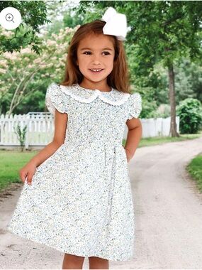 White Floral Smocked Dress with Peter Pan Collar for Girls
